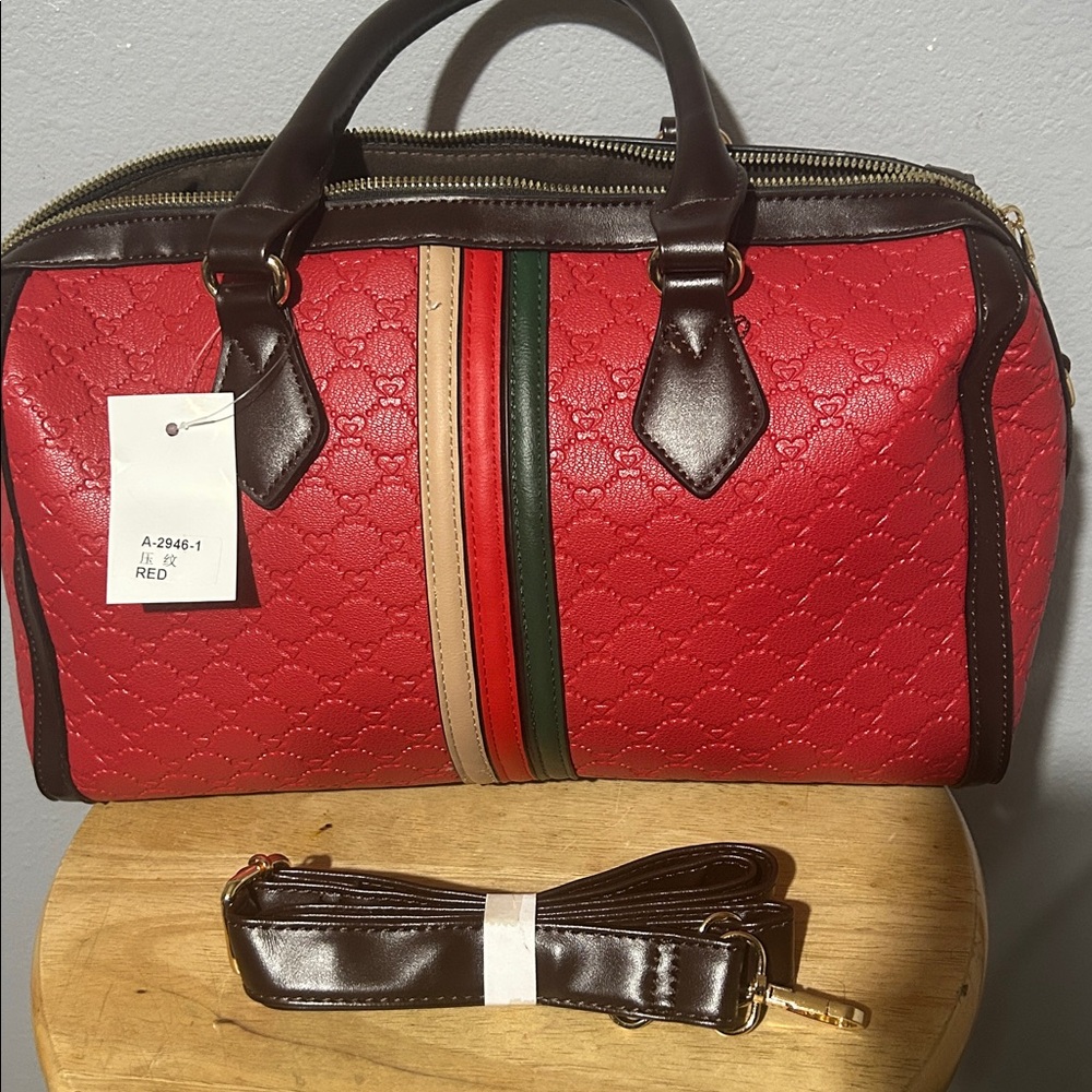 Red Embossed Satchel with Brown Handles and Stripe Detail - Picture 2 of 4